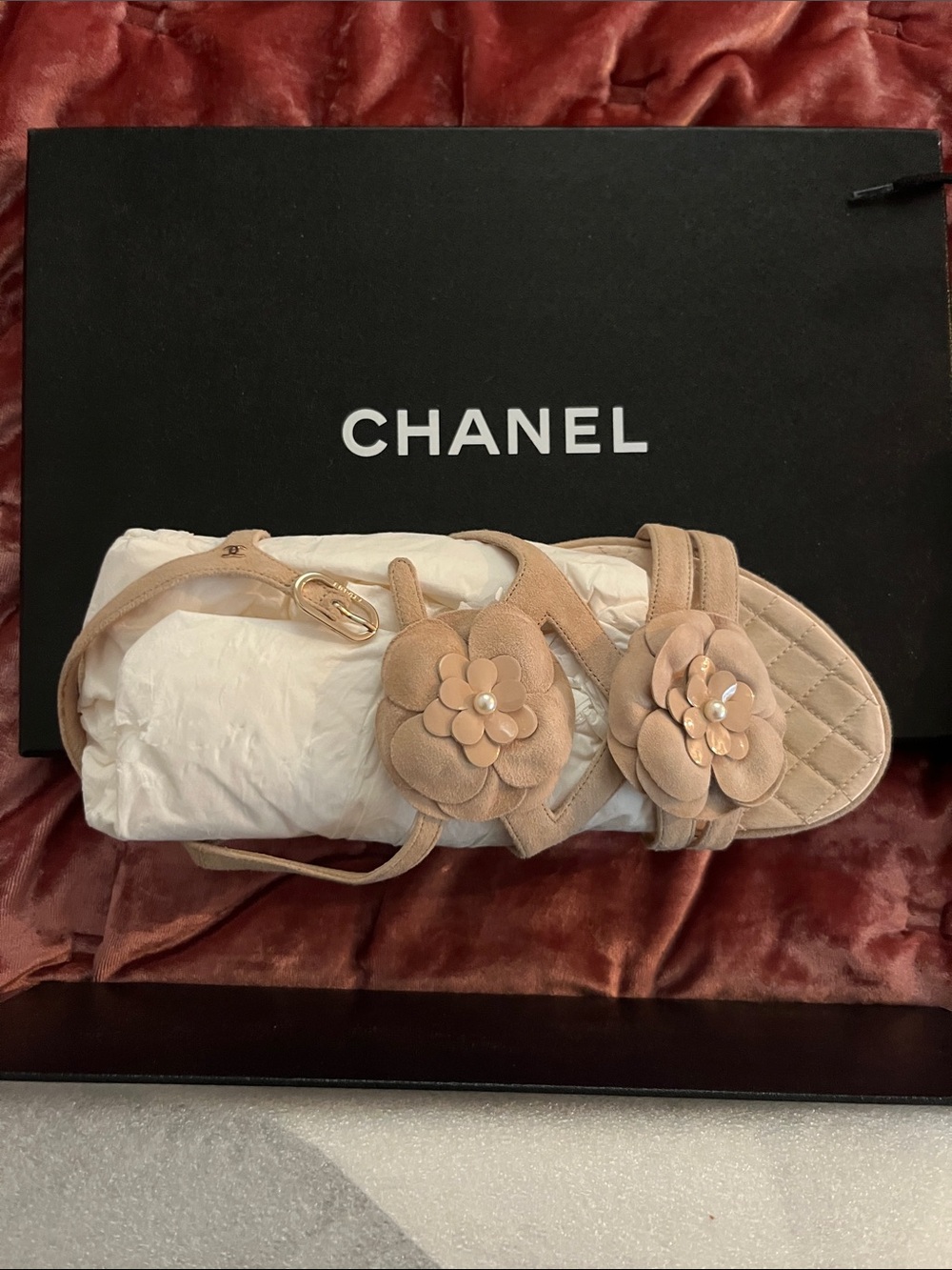 CHANEL Nude Camellia Leather Strappy Sandals